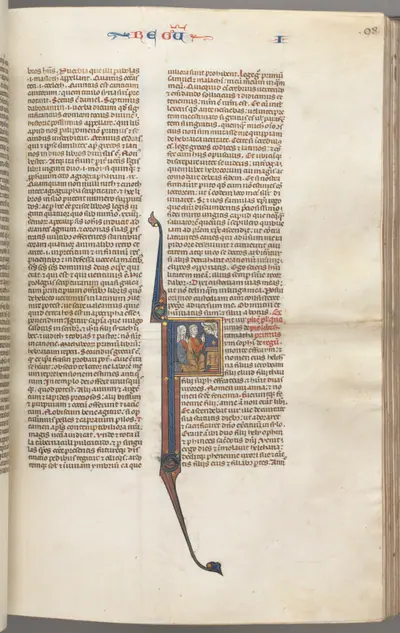 Fol. 98r, Kings I, historiated initial F, Elkanah and Hannah kneeling before an altar with God appearing above