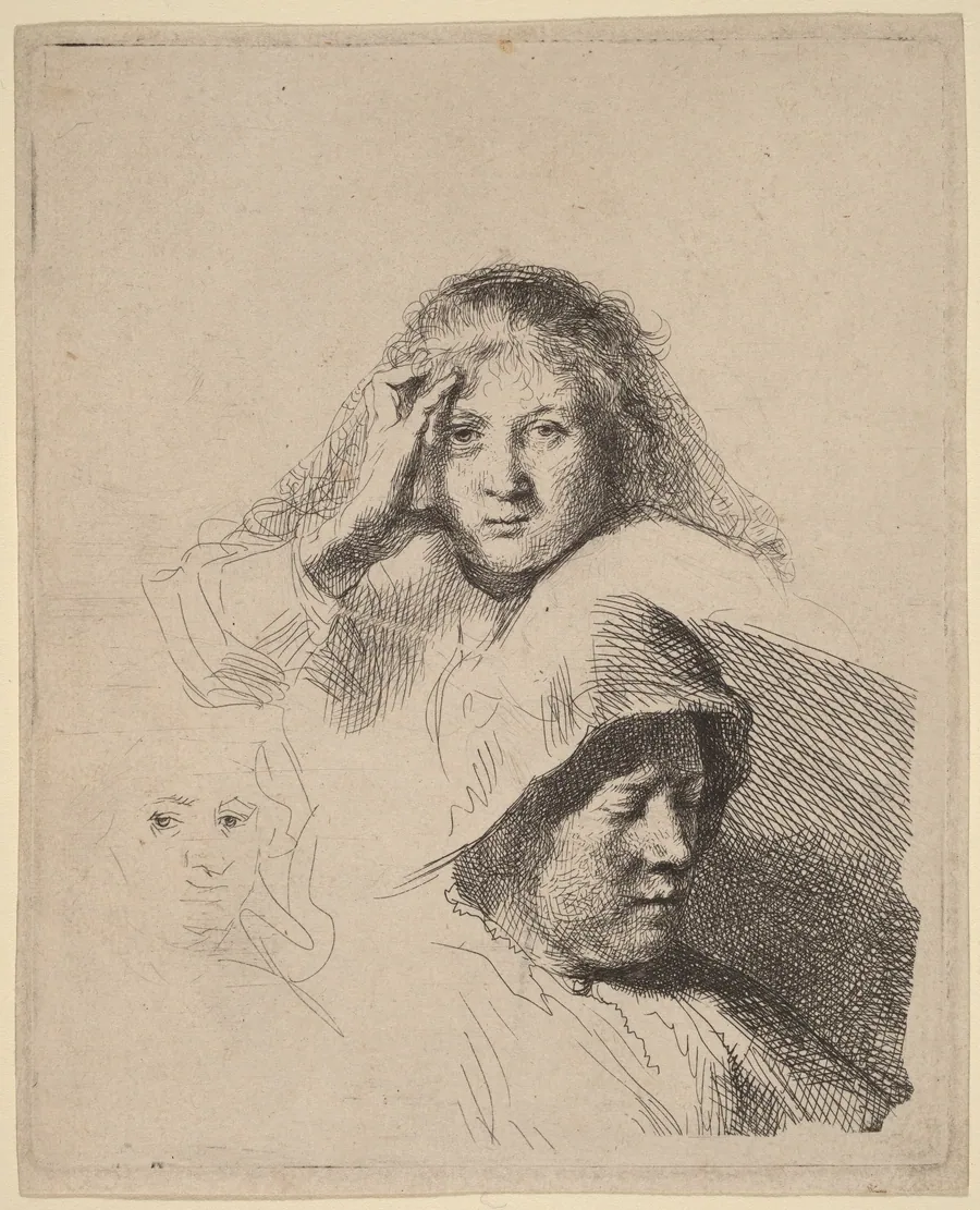 Three Heads of Women, One Lightly Etched by Rembrandt van Rijn