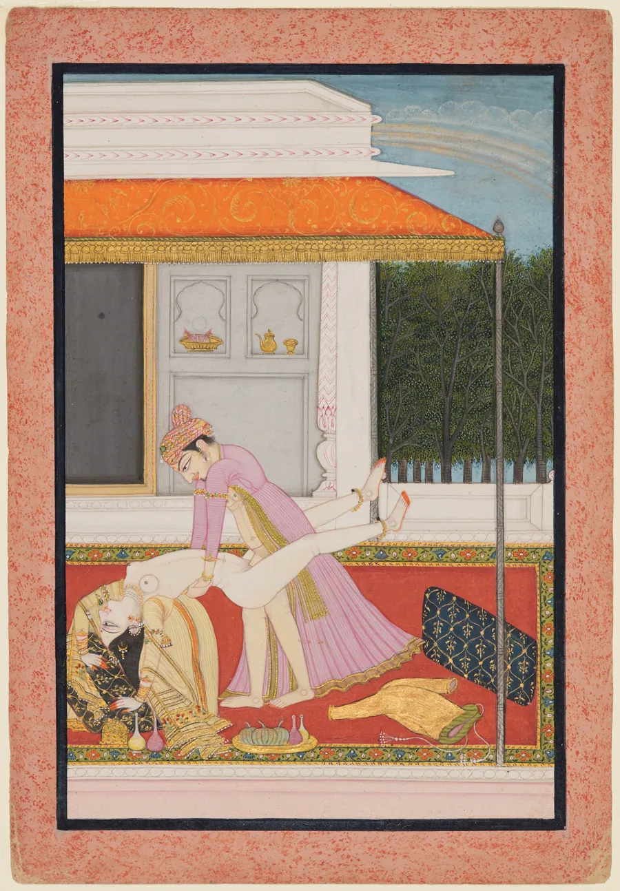 An amorous couple, probably Raja Mahendra Pal of Basohli with a favorite queen