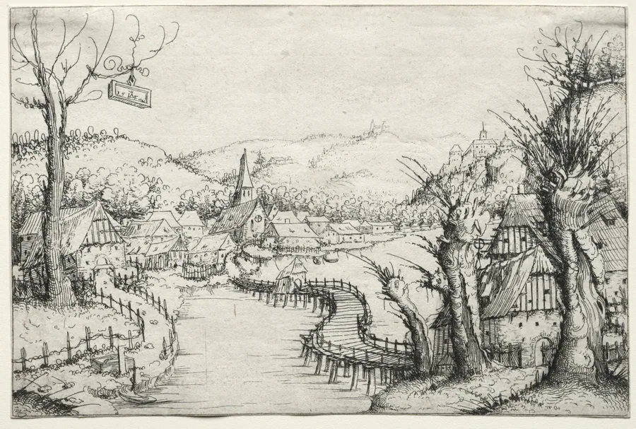 River Landscape with Three Bare Willow Trees at Right and a Long Winding Wooden Bridge at Center Leading to a Village by Augustin Hirschvogel