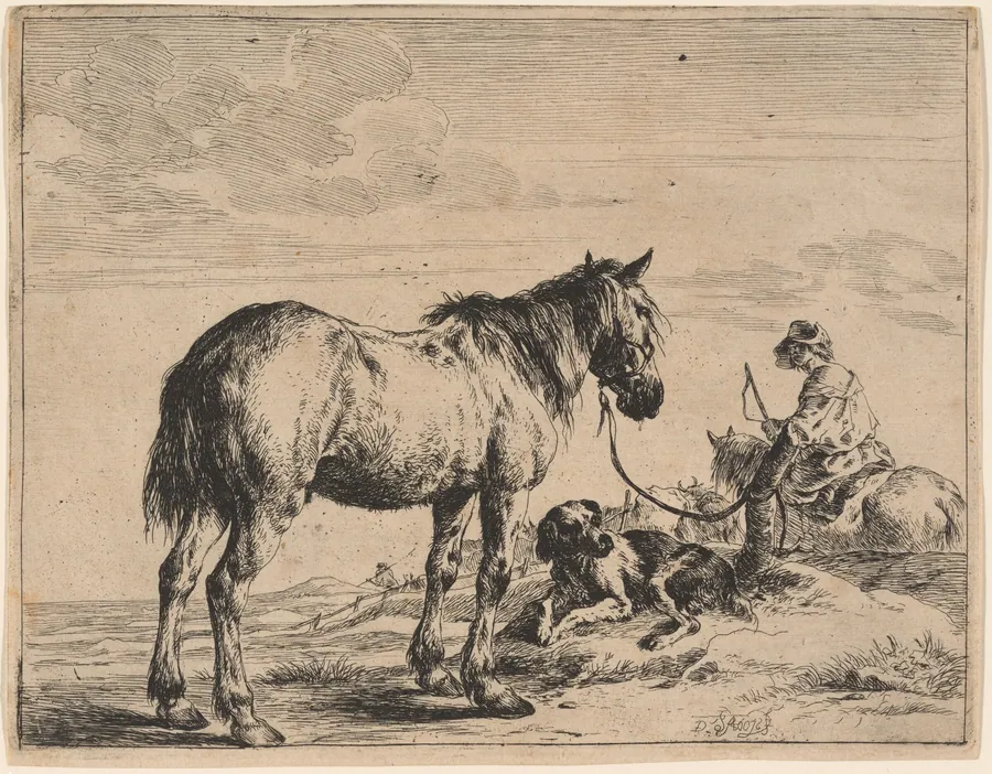 A Horse Bound to a Post with a Reclining Dog by Dirck Stoop