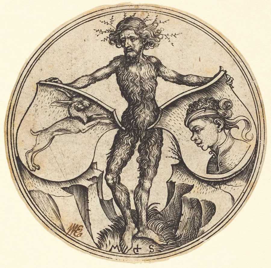 Shields with Rabbit and Moor's Head, Held by Wild Man by Martin Schongauer