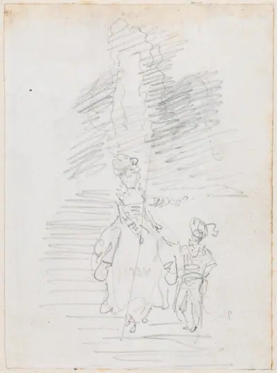 Woman and Smaller Male Figure on Grand Stairway [recto]