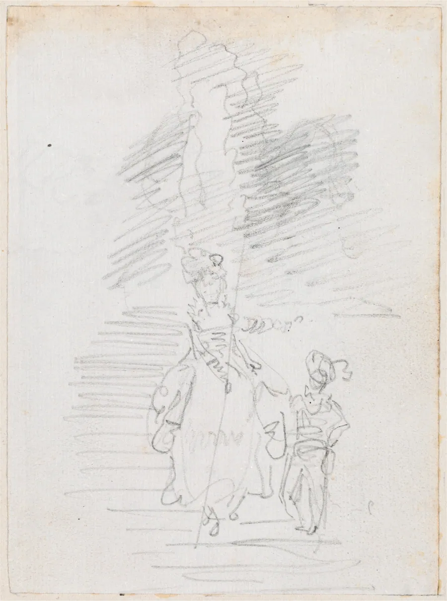 Woman and Smaller Male Figure on Grand Stairway [recto] by Hubert Robert
