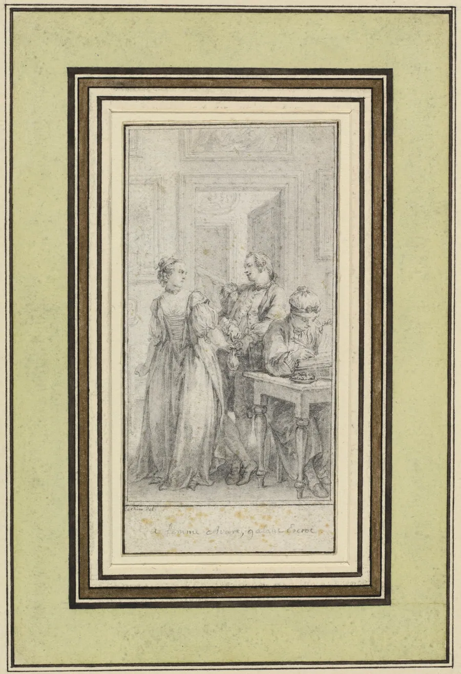 Eighth Day, First Story, Madonna Ambruogia Gives Her Husband the Two Hundred Florins She Was Given by Gulfardo in Payment for Her Favors by Charles-Nicolas Cochin II