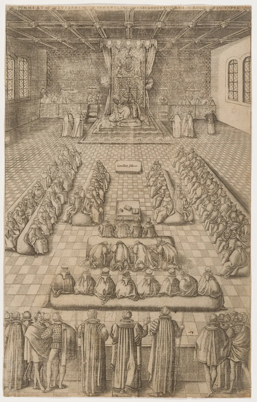 James I in Parliament by Renold Elstrack
