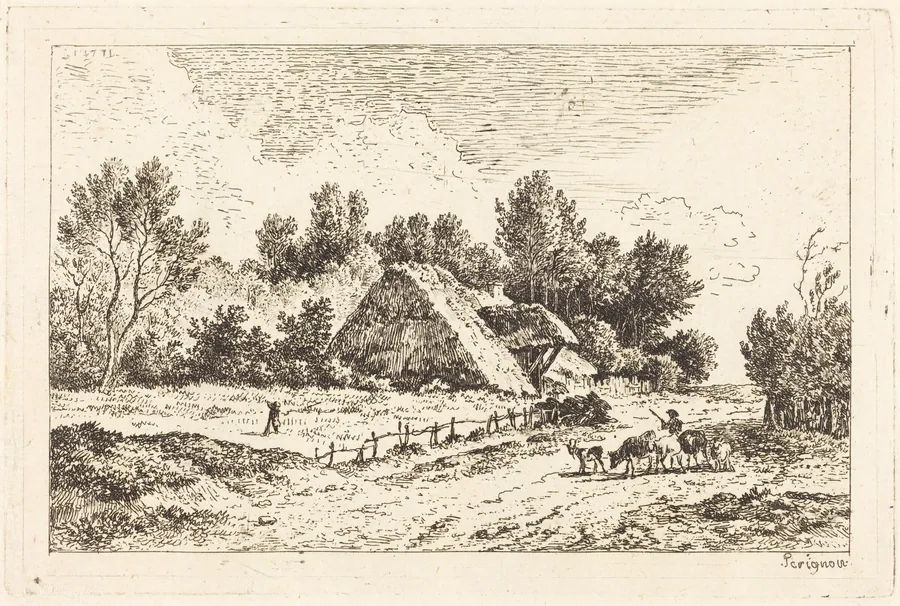 A Low Cottage with a Herdsman Leading His Flock by Nicolas Pérignon