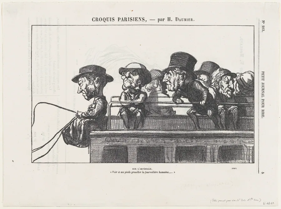 On the imperiale, "At one's feet one can observe the swarming of a human ant-hill," from 'Parisian sketches,' published in Le Petit Journal pour Rire by Honoré Daumier