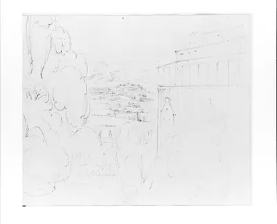 View of the Valley, from Between Trees and Mountain House (from Sketchbook)