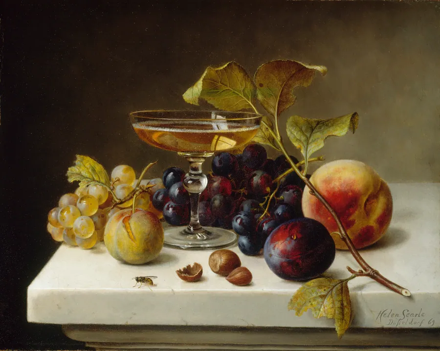 Still Life with Fruit and Champagne by Helen Searle, born Burlington, VT 1830-died Jacksonville, IL 1884