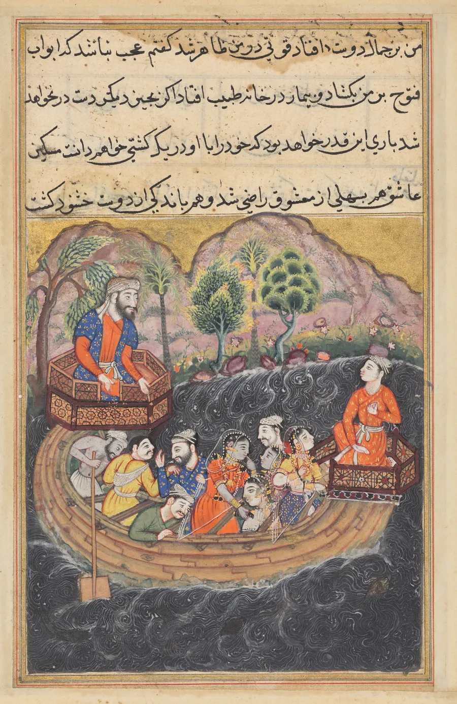 The young man of Baghdad joins the Hashimi’s boat as a sailor to find his slave-girl on board, from a Tuti-nama (Tales of a Parrot): Forty-eighth Night