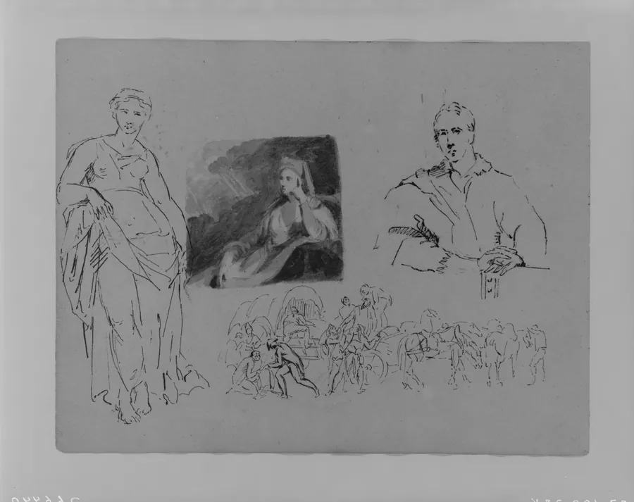 Standing Draped Female Figure; Portrait of a Cleric; Half-length Portrait of a Man; Figures with Wagons and Horses (Napoleon Scene?) (from Sketchbook) by Thomas Sully
