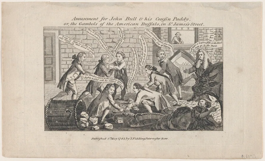 Amusement for John Bull & His Cousin Paddy, or, the Gambols of the American Buffalo, in St. James's Street by John Fielding