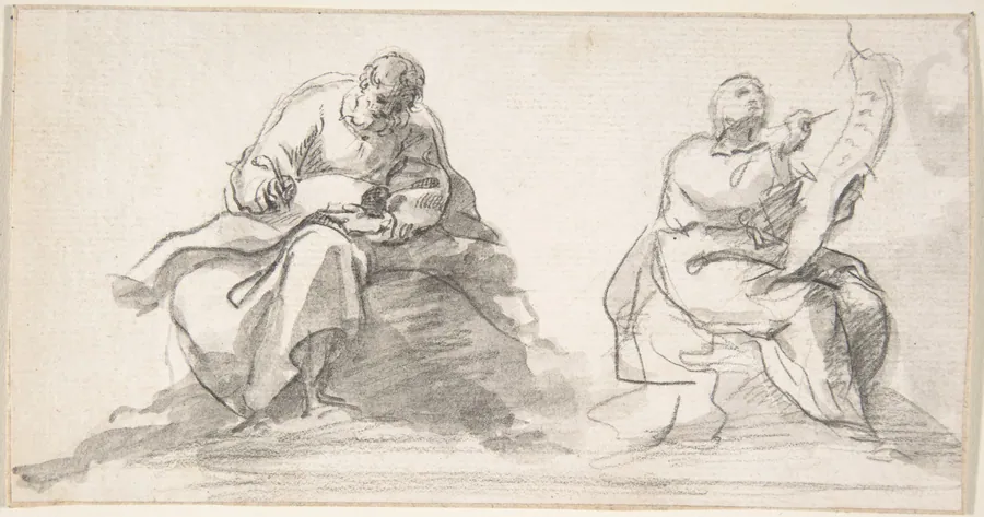 Two Figures of Evangelists Writing by Anonymous, Spanish, School of Seville, 17th century