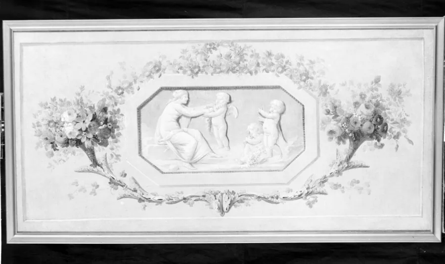 Nymphs and cupids in an octagonal medallion by French Painter