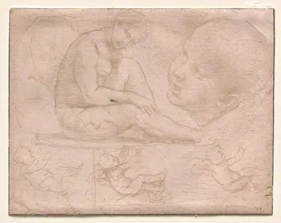 Studies of a Seated Female, Child's Head, and Three Studies of a Baby