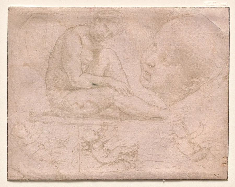 Studies of a Seated Female, Child's Head, and Three Studies of a Baby by Raphael