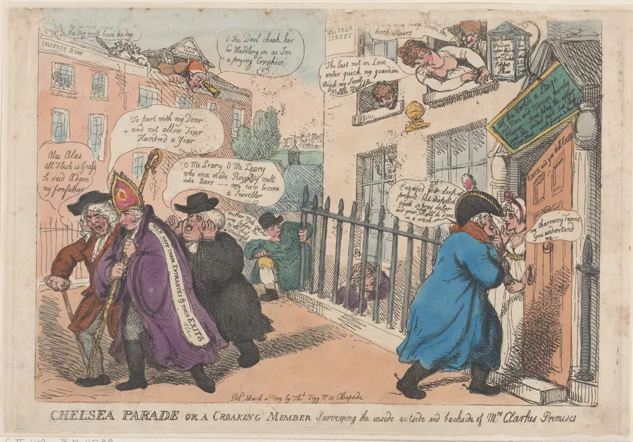Chelsea Parade or a Croaking Member Surveying The Inside Outside and Backside of Mrs Clarke's Premises by Thomas Rowlandson