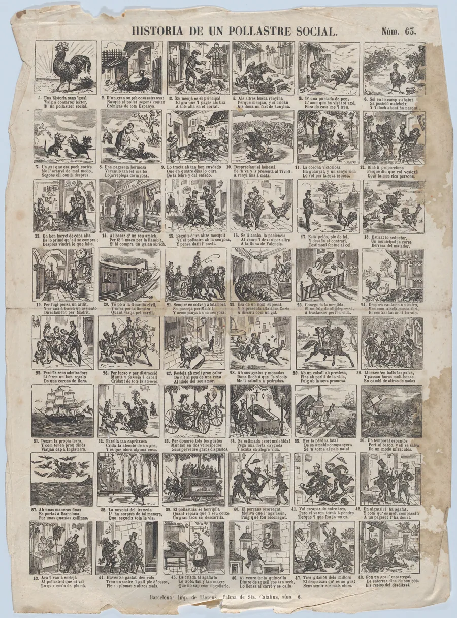 Broadside with 48 scenes telling the story of the chicken (social advancement and decline) by Juan Llorens