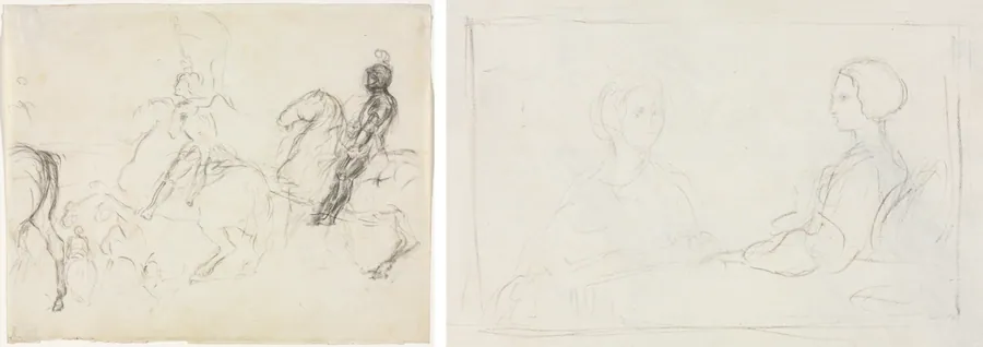 Battle Scene with Armored Figures on Horseback (recto) Two Seated Women (verso) by Edgar Degas