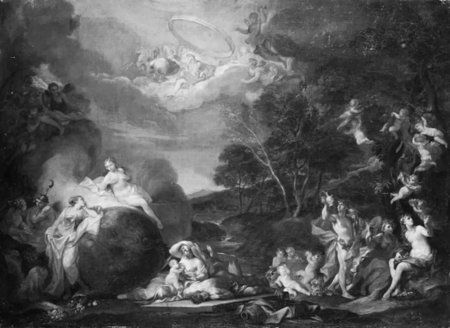 Allegorisk komposition med bl.a. Bacchus, Ceres, Flora og Apollon by Alessandro Marchesini