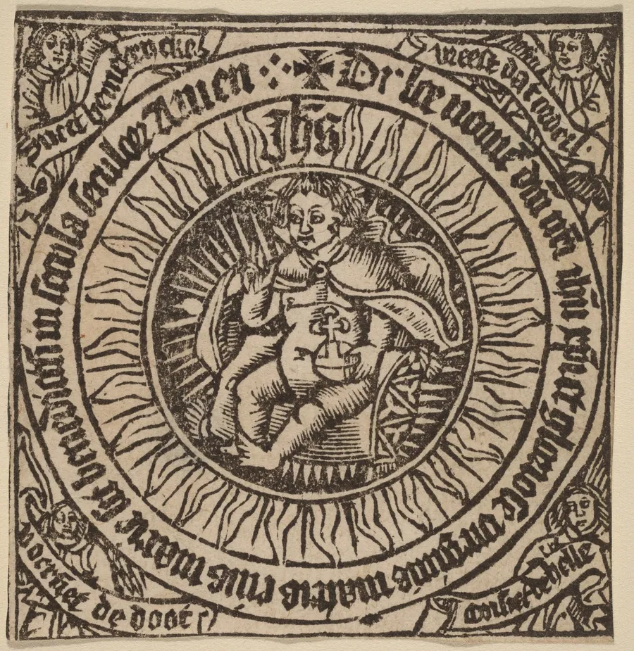 Divine Infant with the Globe in a Circle  with Four Angels by Netherlandish 15th Century