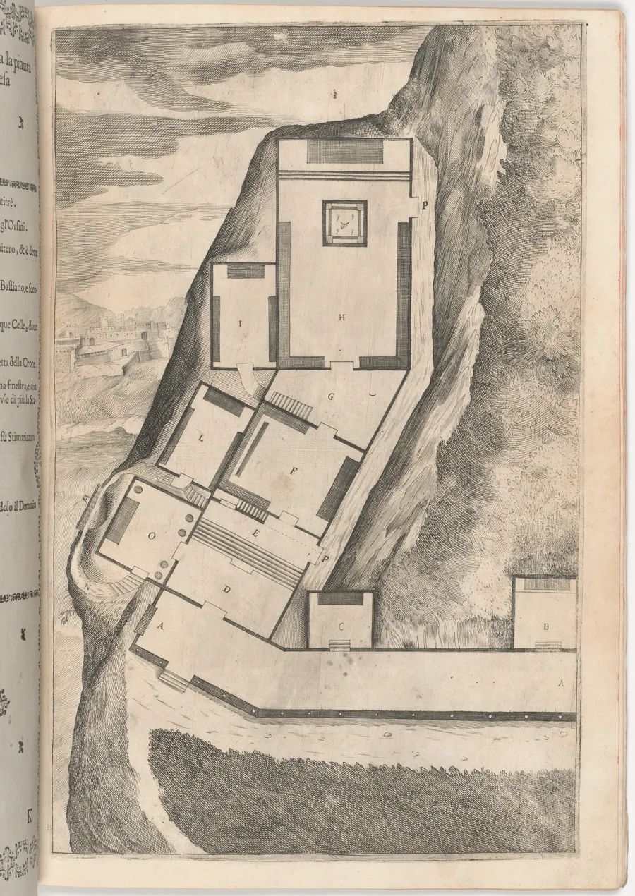 Plan of the Rooms and Church of the Sacred Monastery (Pianta di parte della loggia e del sacro eremo) [plate K] by Jacopo Ligozzi
