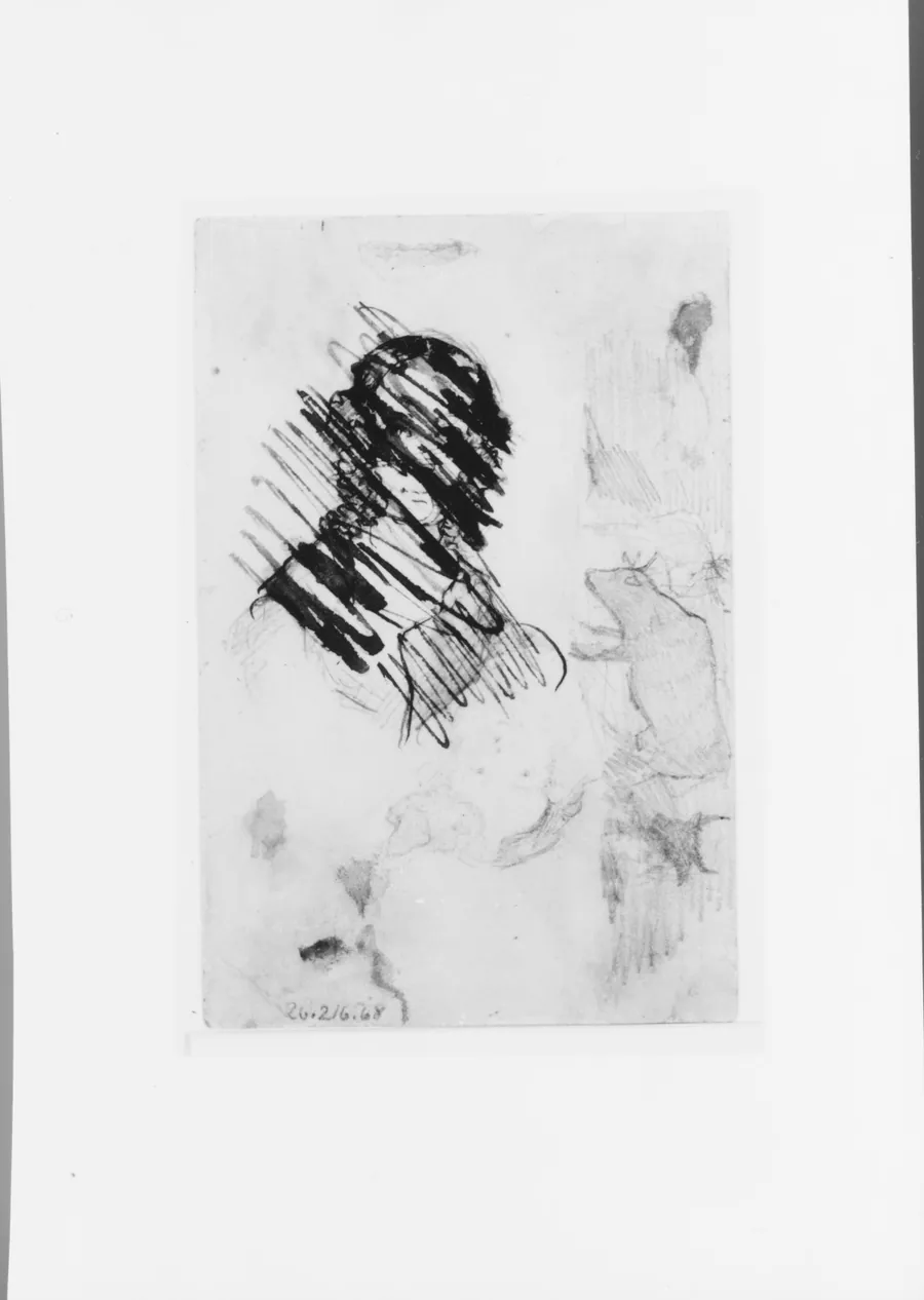Sketches: Cows; Two Female Portraits, One Crossed Out (from McGuire Scrapbook) by Emanuel Leutze