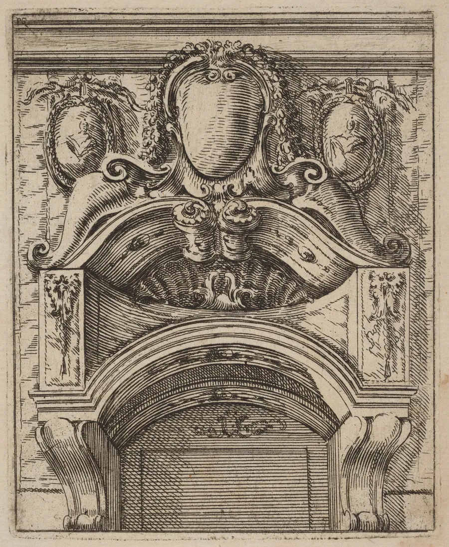 Architectural Motif with Three Shields, Two with Figures by Carlo Antonio Buffagnotti