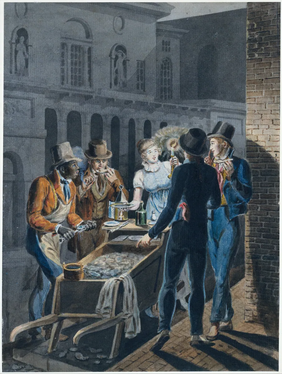 Nightlife in Philadelphia—an Oyster Barrow in front of the Chestnut Street Theater by John Lewis Krimmel