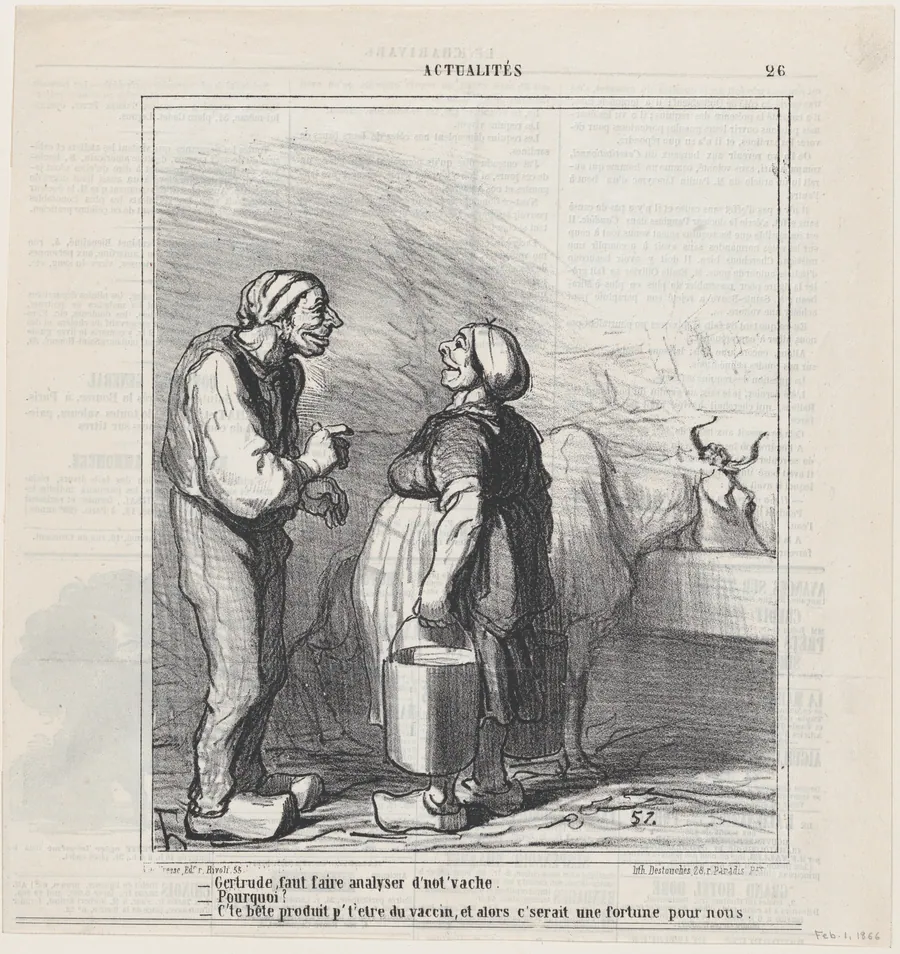 Gertrude, we need to have our cow analyzed, from 'News of the day,' published in Le Charivari, February 1, 1866 by Arnaud de Vresse