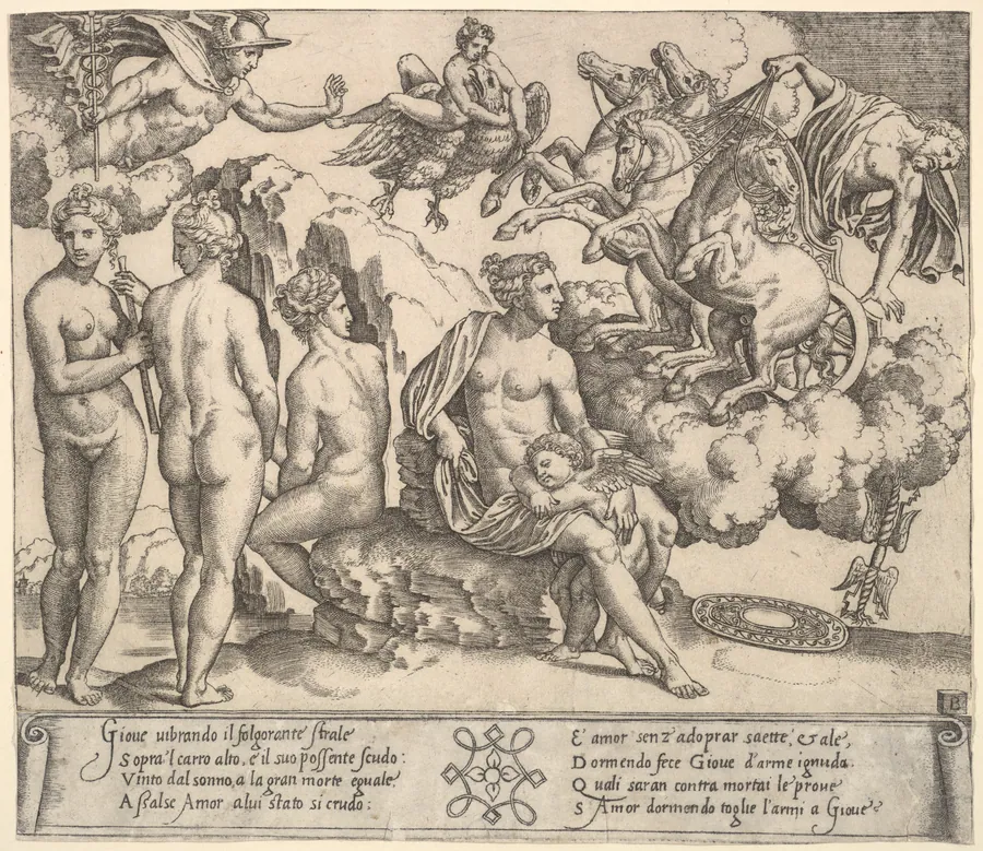 Jupiter tumbling from a horse-drawn carriage at right, Ganymede riding Jupiter's eagle upper center, below Venus and to her right, the three Graces by Master of the Die