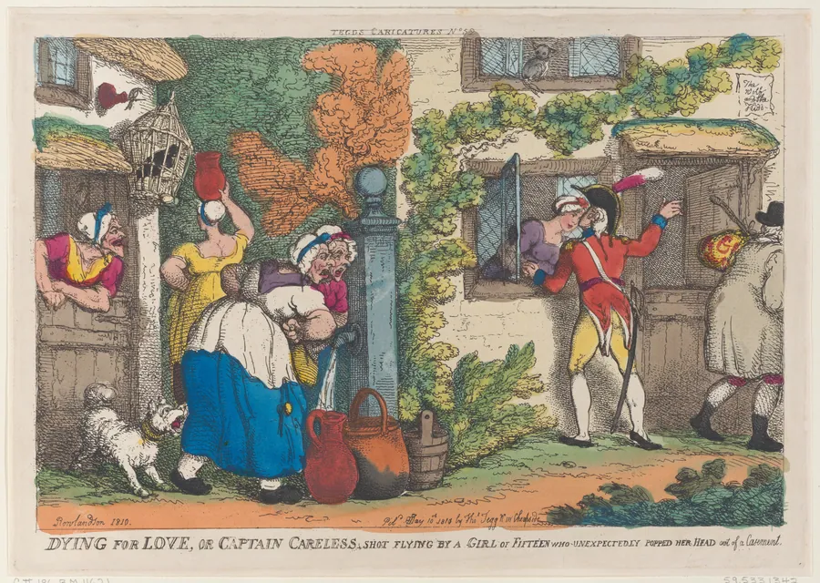 Dying for Love, or Captain Careless, Shot Flying by a Girl of Fifteen who Unexpectedly Popped Her Head out of a Casement by Thomas Tegg