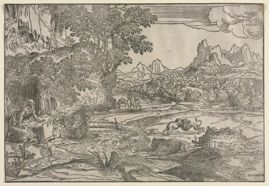 Landscape with Saint Jerome and Two Lions by Domenico Campagnola