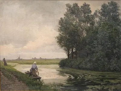 Hollandsk landskab. En pige vasker ved en kanal