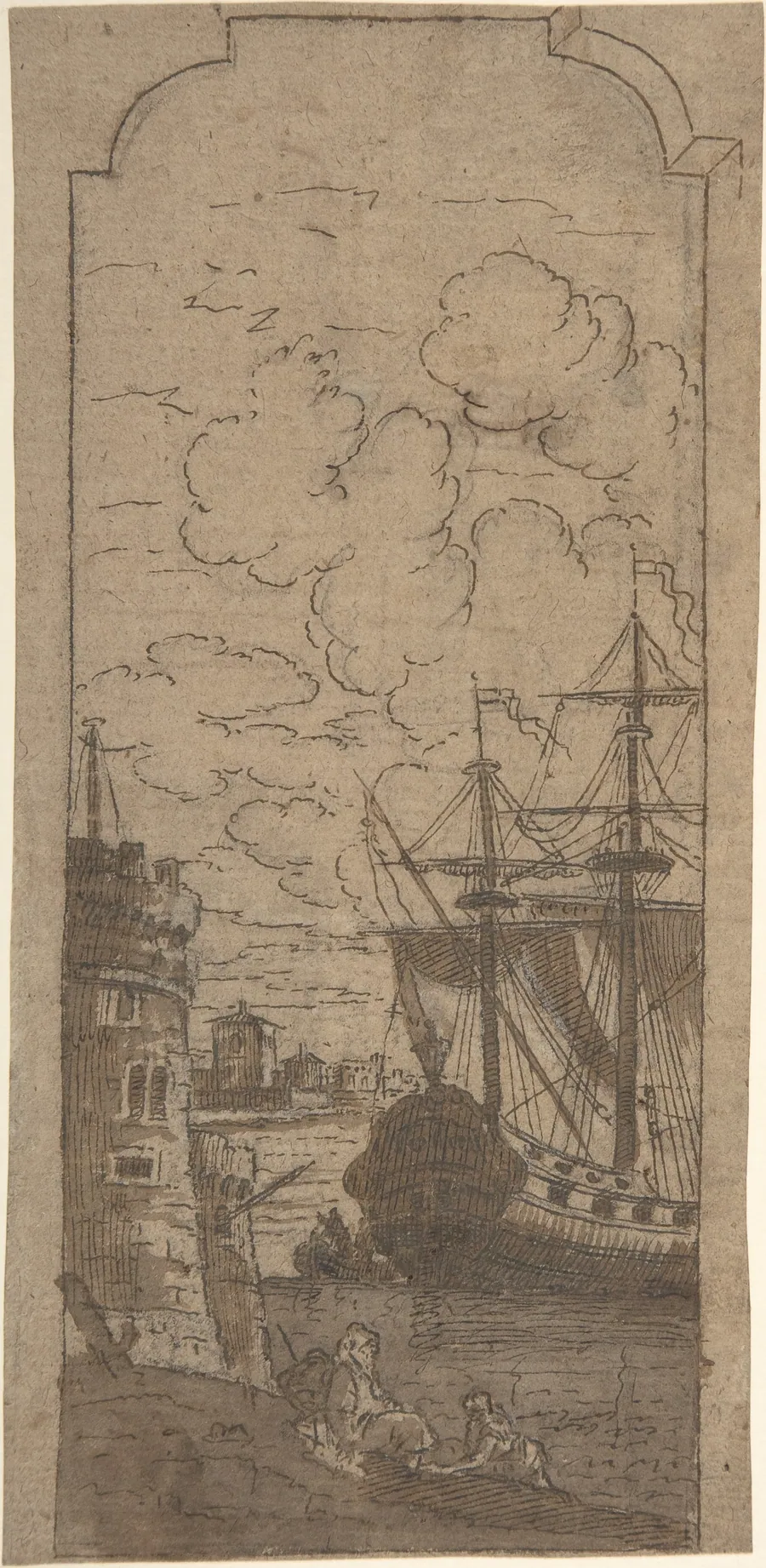Framed Port scene with two figures by Dominique Barrière