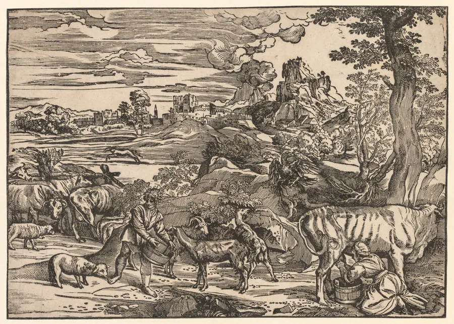 Landscape with a Milkmaid by Niccolo Boldrini