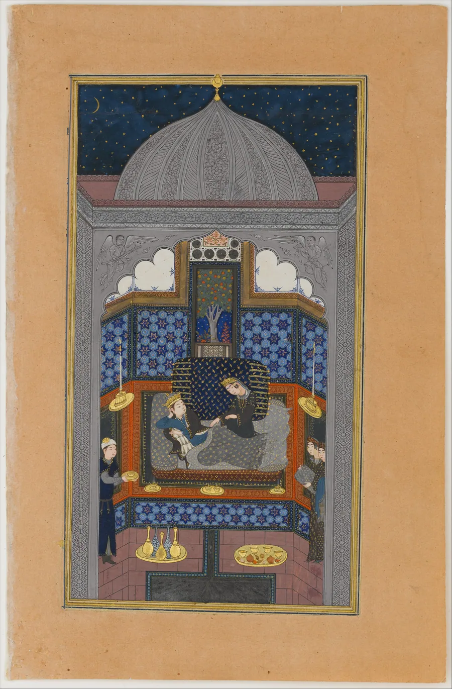 "Bahram Gur and the Indian Princess in the Dark Palace on Saturday", Folio 23v from a Haft Paikar (Seven Portraits) of the Khamsa (Quintet) of Nizami of Ganja by Maulana Azhar
