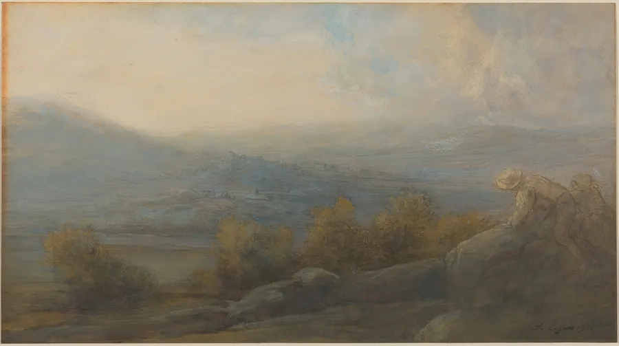 Mountain Landscape with two Figures at the Right by Alphonse Legros