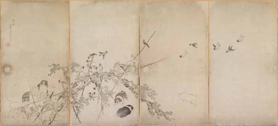 Puppies, Sparrows, and Chrysanthemums by Nagasawa Rosetsu