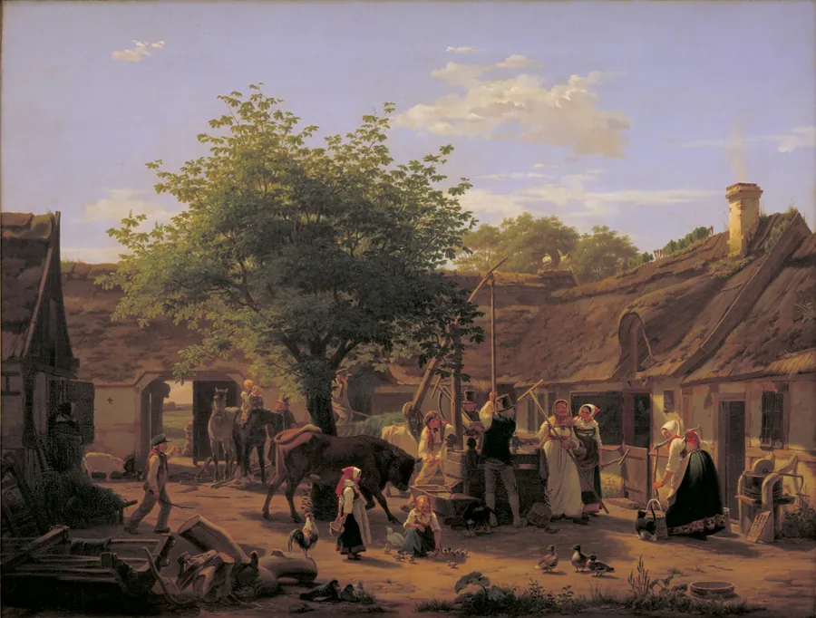 Billede af livet i en sjællandsk bondegård ved middagstid by Peter Julius Larsen