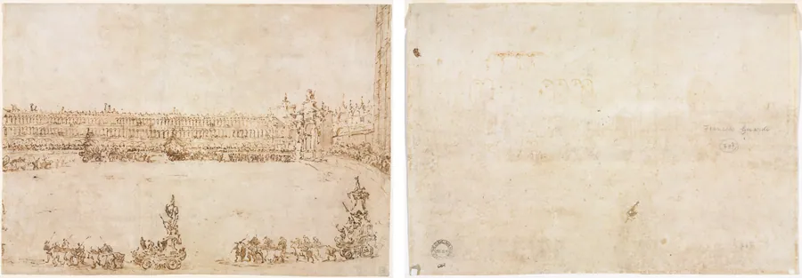 A Procession of Triumphal Cars in the Piazza San Marco, Venice, Celebrating the Visit of the Conti del Nord (recto); Three Sketches of Arches (verso) by Francesco Guardi