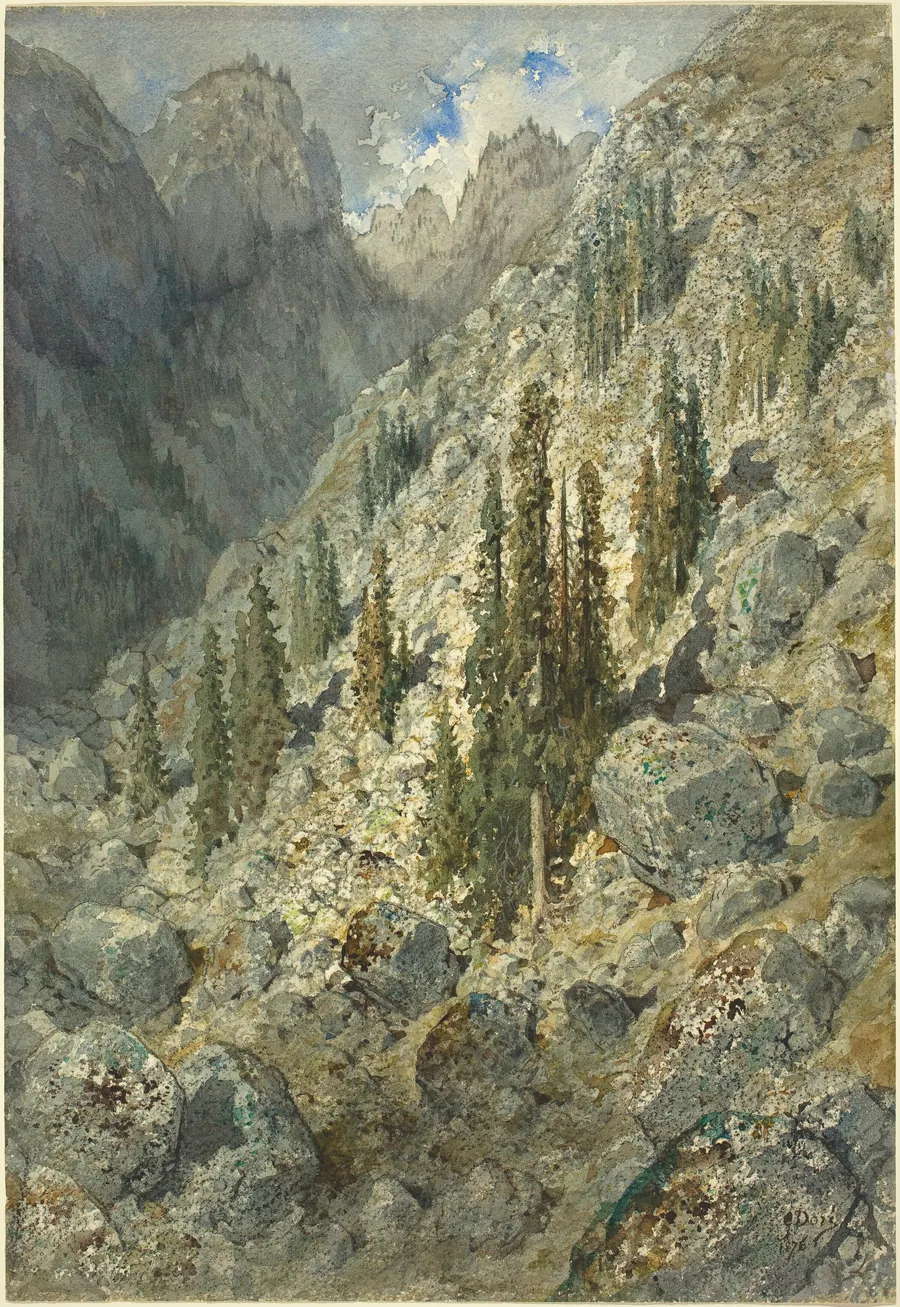 An Alpine Valley with Trees and Boulders by Gustave Doré