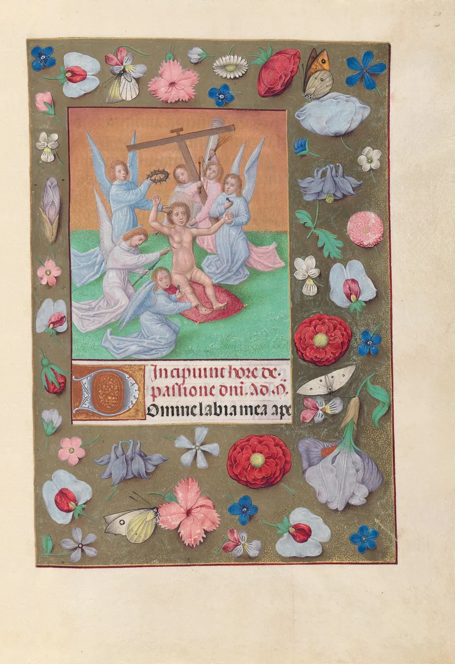Hours of Queen Isabella the Catholic, Queen of Spain:  Fol. 50r, Infant Christ with Instruments of the Passion by Master of the First Prayerbook of Maximillian
