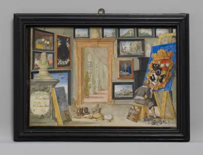 An Artist Painting a Heraldic Shield in a Cabinet of Curiosities