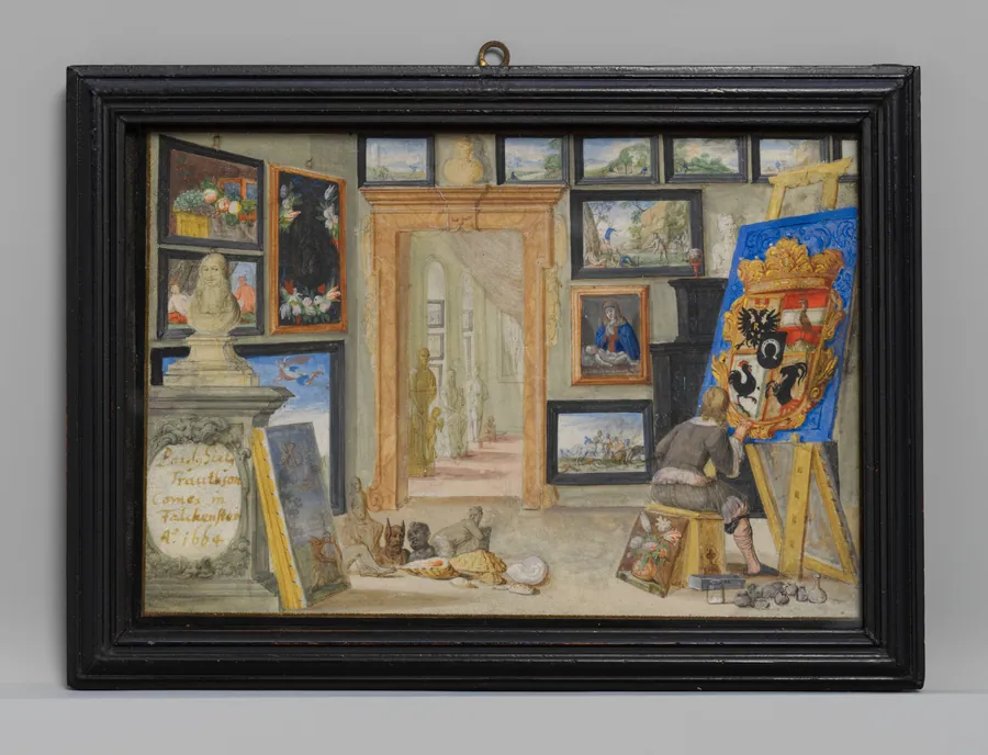 An Artist Painting a Heraldic Shield in a Cabinet of Curiosities by Monogrammist FA