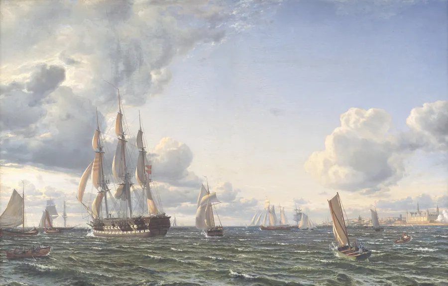 Linieskibet "Valdemar" krydser Sundet ind for en frisk bramsejlskuling by Emanuel Larsen