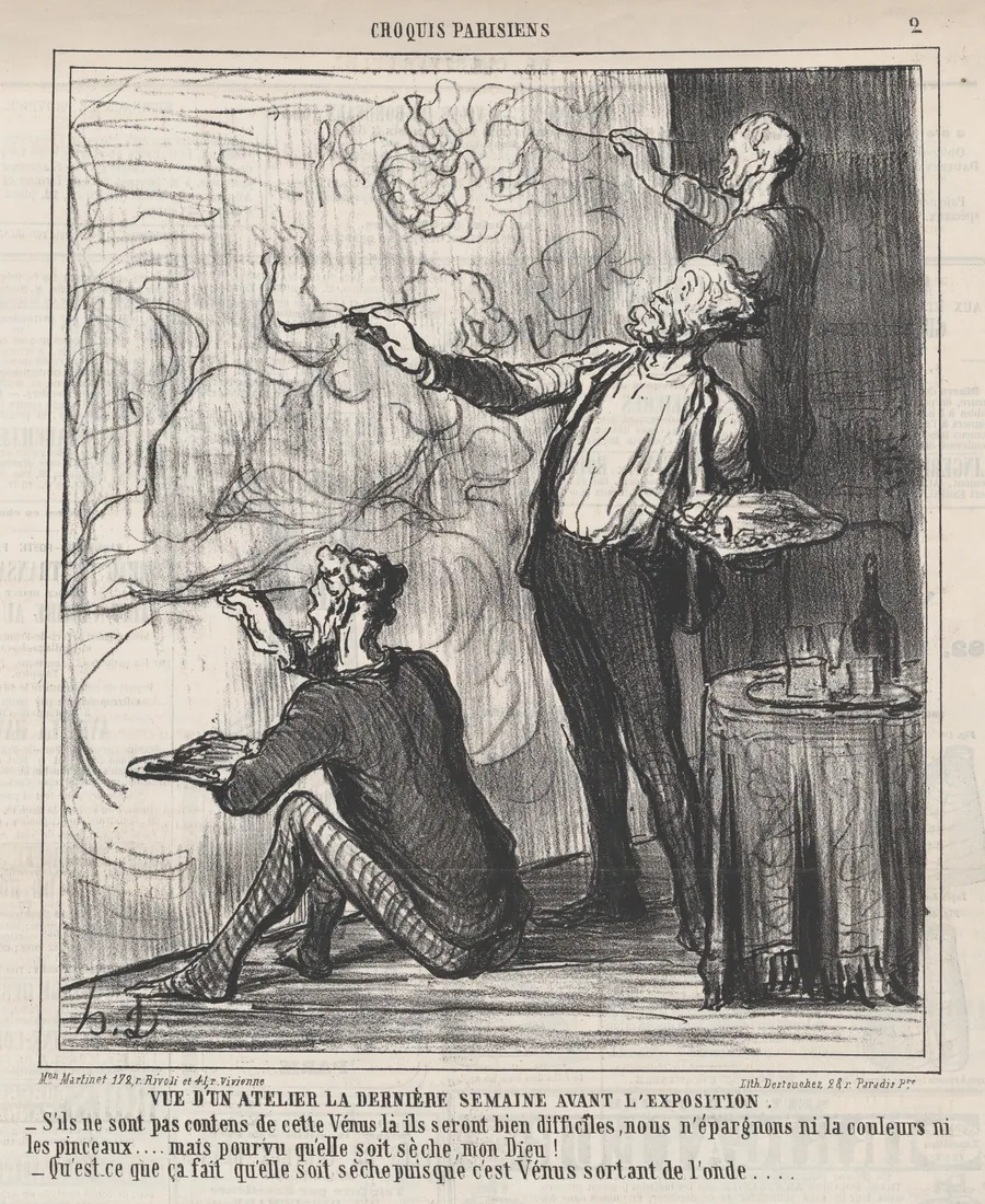 View of a studio the final week before the exhibition, from 'Parisian sketches,' published in Le Charivari, April 1, 1864 by Destouches