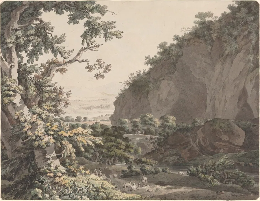 A Wooded Valley with Rocky Cliffs by Johann Conrad Steiner
