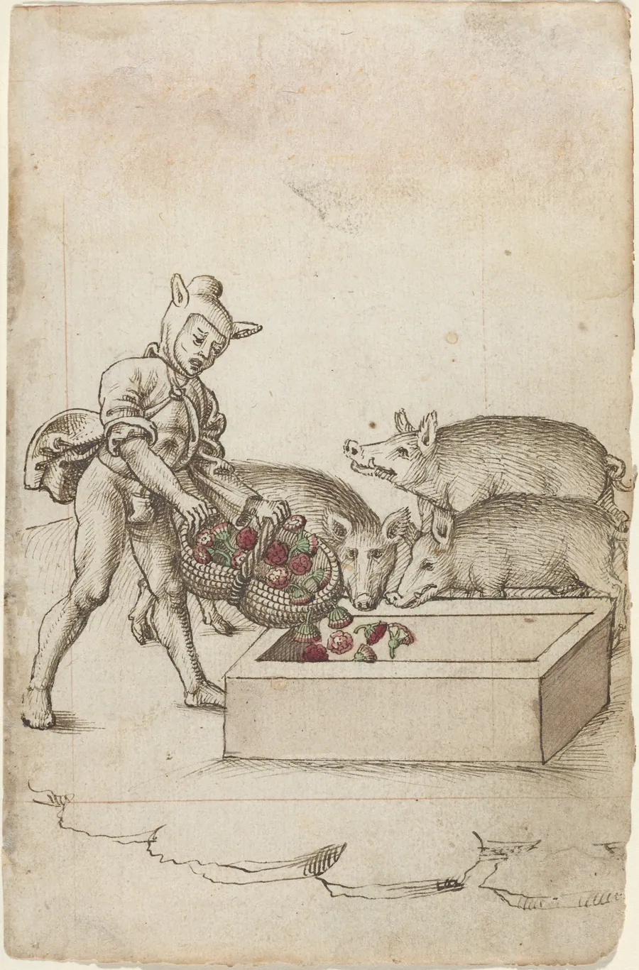 A Fool Feeding Flowers to Swine [fol. 42 recto] by French early 16th Century